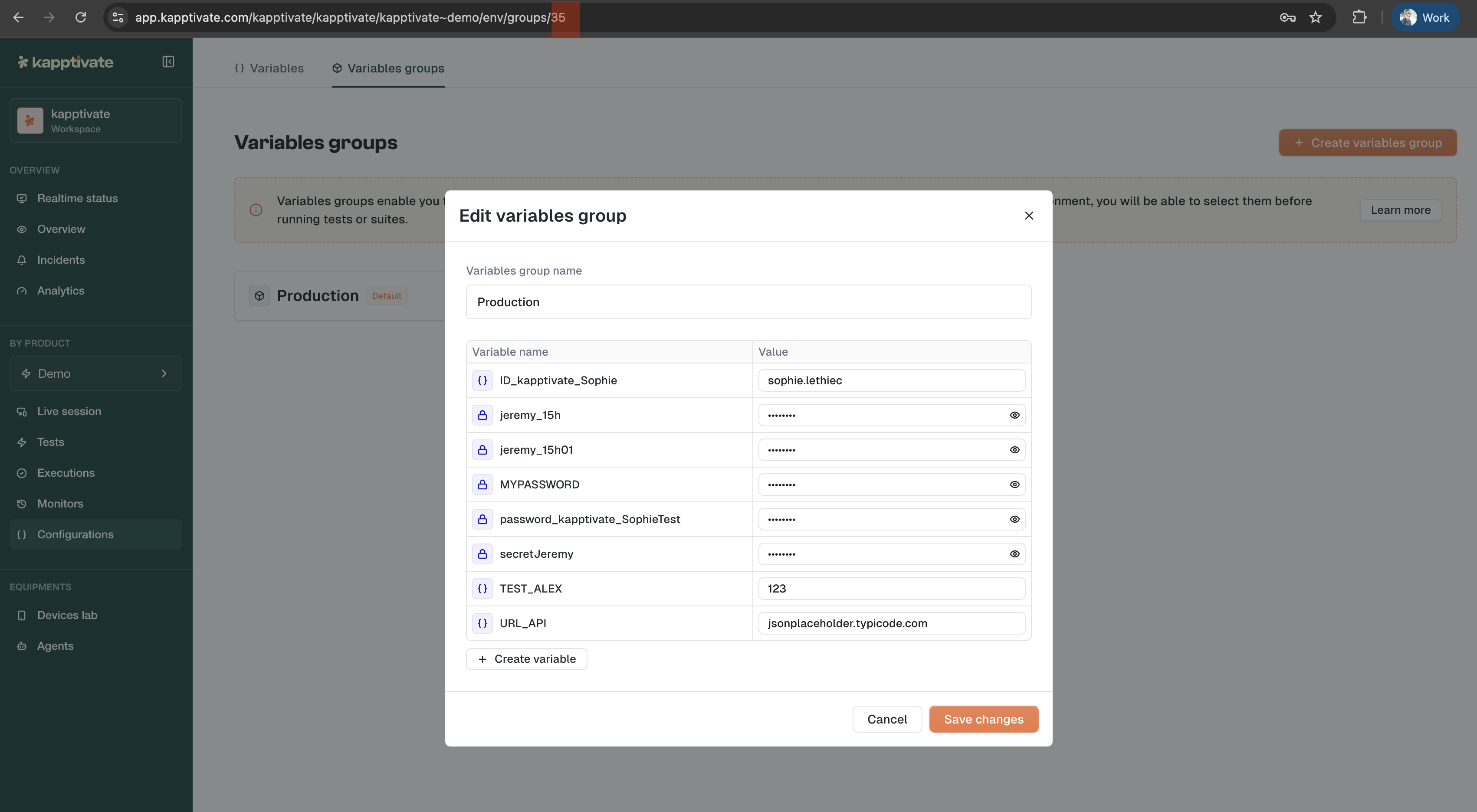 Example showing where to find the variable group ID in the URL